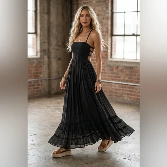 NWT Tiered Boho Smocked Halter Strappy Back Maxi Dress Black - Picture 1 of 6